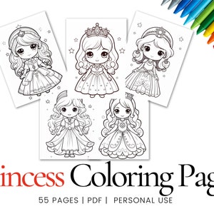 55 Cute Princess Coloring Pages, A4 Printables, Fun Activities, Coloring Sheets, PDF, DIGITAL imagen 1