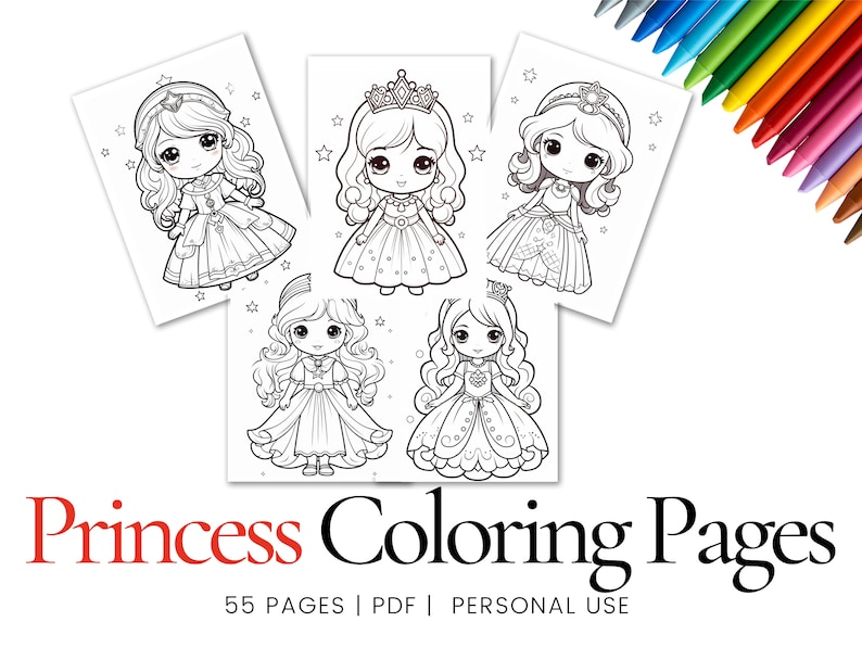 55 Cute Princess Coloring Pages, A4 Printables, Fun Activities, Coloring Sheets, PDF, DIGITAL imagen 1