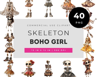 Skeleton boho girl clipart bundle, cute spooky fashion set, vintage halloween skeletons in dresses, gothic chic bohemian art graphics pack