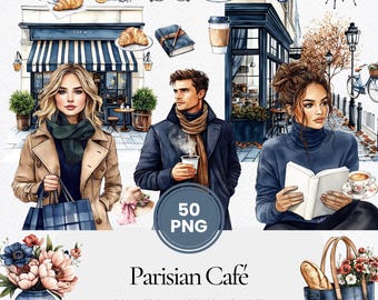 Parisian cafe clipart, french coffee shop png set, chic paris watercolor art, cozy street fashion illustration pack for planners crafts