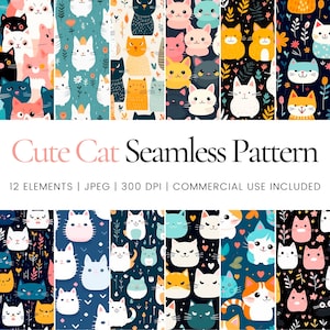 Puede incluir: Doce patrones sin costuras con lindos gatos de dibujos animados en varios colores y poses. Los patrones se colocan sobre una variedad de fondos, incluidos diseños florales, geométricos y abstractos. El texto "Cute Cat Seamless Pattern" se muestra en la parte superior de la imagen, junto con el texto "12 ELEMENTS | JPEG | 300 DPI | COMMERCIAL USE INCLUDED".