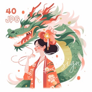 Woman & Dragon Clipart - 40 JPG de haute qualité - Planificateur numérique, Junk Journaling, Wall Art, Utilisation commerciale, Téléchargement numérique, Tasses, Vêtements