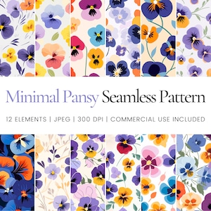 Puede incluir: Doce patrones sin costuras con flores de pensamiento coloridas sobre un fondo blanco. El texto "Minimal Pansy Seamless Pattern" y "12 ELEMENTS | JPEG | 300 DPI | COMMERCIAL USE INCLUDED" se muestra debajo de los patrones.