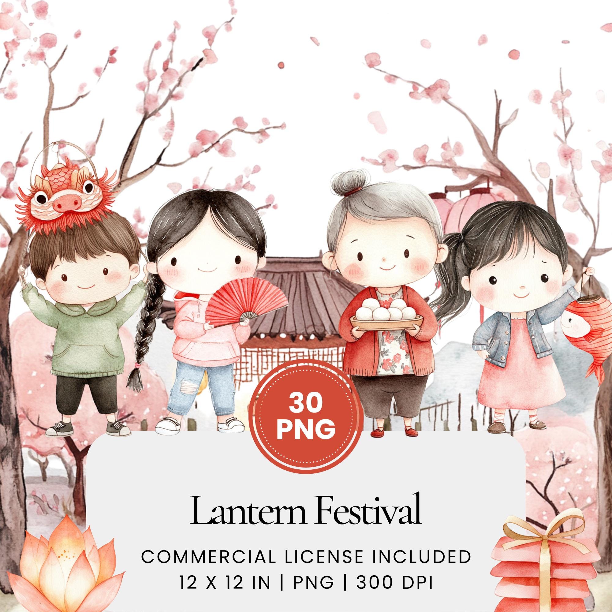 Lantern Festival Clipart - 30 PNG - Digital Planner, Junk Journaling, Wall Art, Commercial Use, Sublimation, Scrapbooking, Cards, Scene