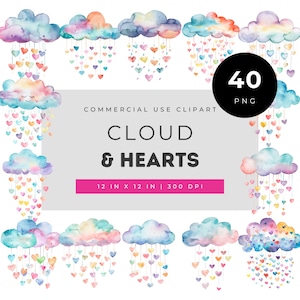 Watercolor cloud and hearts clipart, pastel rainbow heart rain illustrations bundle for nursery decor, baby shower crafts and invitations