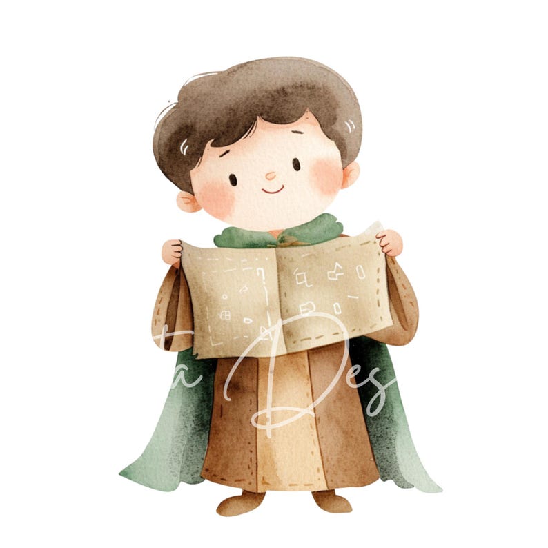 May include: A watercolor illustration of a young person wearing a brown robe with a green cape, holding a rolled-up map with symbols and lines.