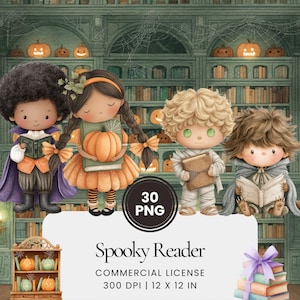 Puede incluir: Ilustración digital de cuatro personajes de dibujos animados disfrazados para Halloween, cada uno con un libro. El fondo muestra una biblioteca con calabazas y telarañas. Incluye el texto "Spooky Reader".