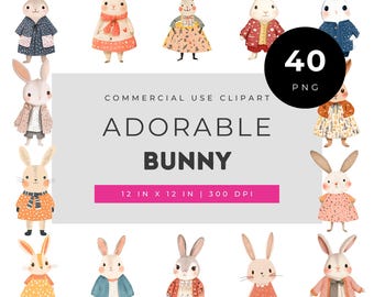 Watercolor Bunny Clipart Bundle, Cute Easter Rabbit PNG Set, Baby Nursery Animal Graphics, Spring Woodland Decor, Commercial Use
