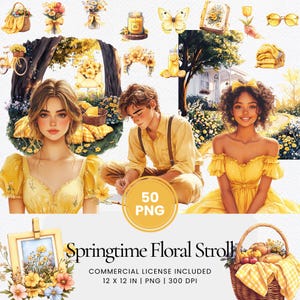 Frühlingsblumen-Spaziergang Clipart - 50 PNG - Digitaler Planer, Junk Journal, Kommerzielle Nutzung, Sublimation, Scrapbooking, Karte, Sticker, Szene
