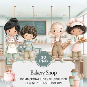Bakery watercolor clipart bundle, pastel baking cafe illustrations PNG, cute bakers and baristas, pastry shop kids art for invitations