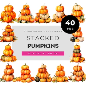 Aquarel clipartset met gestapelde pompoenen, herfstpompoentorens en kalebassen illustraties voor planners, uitnodigingen, scrapbooks en decoratie (PNG).