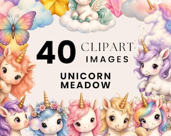 Unicorn Meadow Clipart, Cute Unicorn, Pastel Fantasy Illustrations, Watercolor Baby Unicorn Bundle, Rainbow Cloud Flower Art, Commercial Use