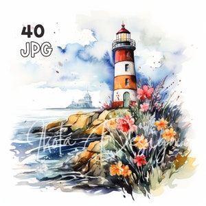Floral Lighthouse Clipart - 40 High Quality JPGs - Digital Planner, Junk Journaling, Watercolor, Commercial Use, Digital Download, Mugs
