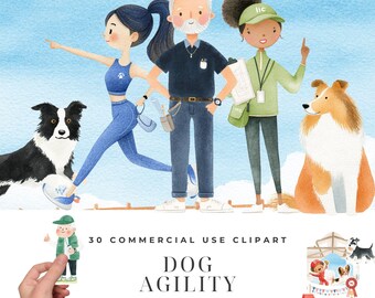 Dog Agility Clipart Bundle, Watercolor Handler Dog Sport Illustrations, Border Collie Jump, Agility Competition Characters Designs Download