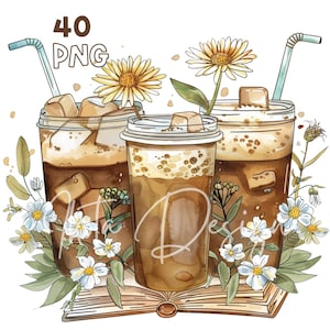 IJskoffie, bloemen & boeken - 40 PNG van hoge kwaliteit - Digitale Planner, Junk Journaling, Aquarel, Commercieel Gebruik, Digitale Download, Mokken