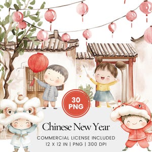 Clipart voor Chinees Nieuwjaar - 30 PNG - Digitale planner, junk journaling, wandkunst, commercieel gebruik, sublimatie, scrapbooking, kaart, mok, scène