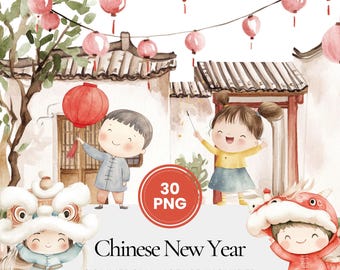Chinese New Year watercolor clipart set, cute kids lanterns lion dance firecrackers and festive decor elements, lunar celebration art bundle