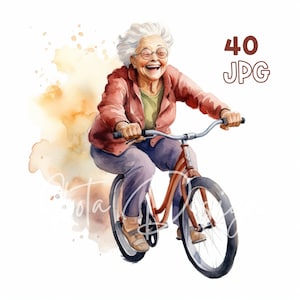 Oma Radfahren Clipart - 40 hochwertige JPG - digitaler Planer, Junk Journaling, Aquarell, Wandkunst, kommerzielle Nutzung, digitaler Download, Becher