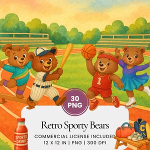 Clipart di orsi sportivi retrò in acquerello, PNG di orsi carini che praticano sport, Pacchetto di atletica con animali vintage, Illustrazioni di animali sportivi in colori pastello