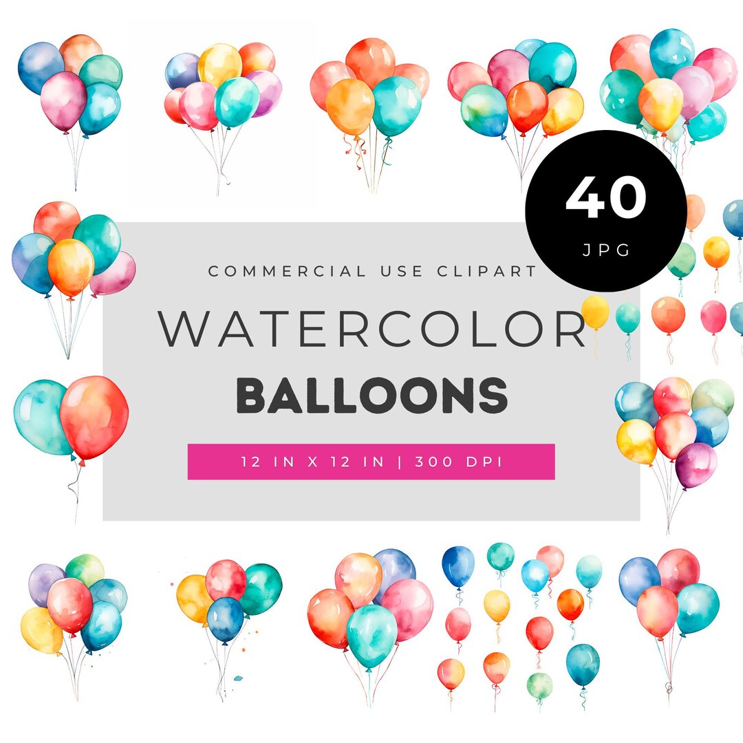 Watercolor Balloons Clipart Set, Colorful Party Decoration Bundle for ...