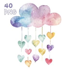 Cloud & Rain Hearts Clipart - 40 High Quality PNG - Digital Planner, Junk Journaling, Watercolor, Wall Art, Commercial Use, Digital Download