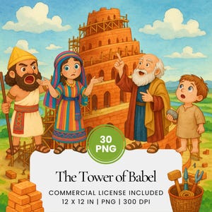 Biblical Tower of Babel Clipart Bundle, Genesis 11 Story PNGs, Christian Bible Story Art for Kids, Watercolor Faith-Based Illustrations