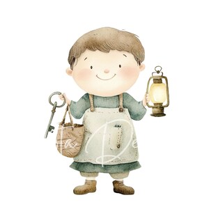 May include: A watercolor illustration of a young person holding a key and a lantern. They are wearing a blue shirt and a brown apron. The lantern is lit and the key is silver.