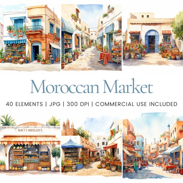 Moroccan Market Clipart - 40 High Quality JPGs - Digital Planner, Junk Journaling, Watercolor, Wall Art, Commercial Use, Digital Download