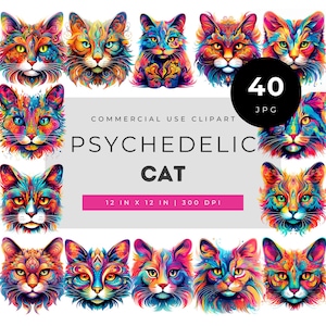 Psychedelic Cat Clipart JPG, Colorful Trippy Cat Face Illustration Set, Neon Abstract Feline Art for Sublimation