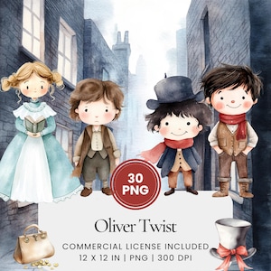 Oliver Twist Clipart - 30 PNG - Digital Planner, Junk Journaling, Stickers, Commercial Use, Sublimation, Scrapbooking, Books, Mugs, Cards