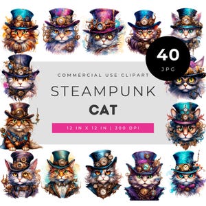 スチームパンク猫クリップアートバンドル、ビクトリア朝の時計仕掛けの猫の肖像画PNGセット、昇華転写、ステッカー、クラフト用のゴシックファンタジー猫アート