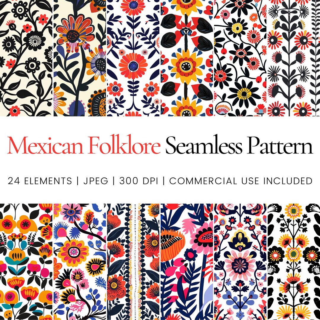Mexican Folklore Seamless Pattern Bundle, Vibrant Otomi Floral Digital ...