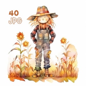 秋のかかしクリップアート - 40 高品質 JPG - デジタル プランナー、ジャンク ジャーナリング、水彩、商用利用、デジタル ダウンロード、マグカップ、アパレル
