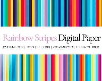 Rainbow Stripes Digital Paper Set with Bright Colorful Pattern, Bold Stripe Backgrounds for Pride Crafts, Party Decor and Scrapbook