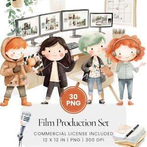 Puede incluir: Un conjunto de 30 ilustraciones digitales de personajes de dibujos animados trabajando en una producción cinematográfica. Los personajes son un niño que sostiene una claqueta, una niña que sostiene un micrófono y una niña que sostiene un guion. Las ilustraciones están en un estilo de acuarela y son perfectas para usar en scrapbooking digital, creación de tarjetas y otros proyectos creativos.
