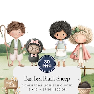 Kinderreim Clipart Baa Baa Schwarzes Schaf PNG Bundle, Aquarell Pastell Storybook Illustrationen für Kinder, Baby Shower, Scrapbook Art