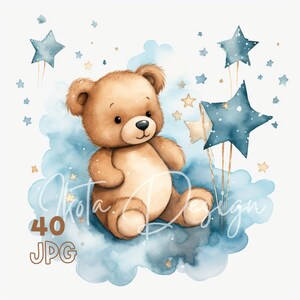 Teddybeer op een wolk clipart - 40 hoge kwaliteit JPG's - digitale planner, junk journaling, aquarel, commercieel gebruik, digitale download, mokken