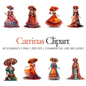 Catrina Day of the Dead Clipart - 40 hochwertige PNGs - Digitaler Planer, Junk Journaling, Aquarell, kommerzielle Nutzung, digitaler Download