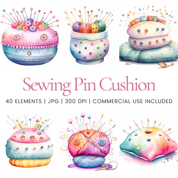 Sewing Pin Cushion Clipart - 40 High Quality JPGs - Digital Planner, Junk Journaling, Watercolor, Wall Art, Commercial Use, Digital Download