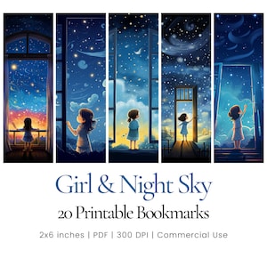Kids' Night Sky Bookmark: Girl's Space Adventure, Bright Star, Open Window, Journey Invite, Cartoon Style Illustration, Vivid Colors, 2x6 in