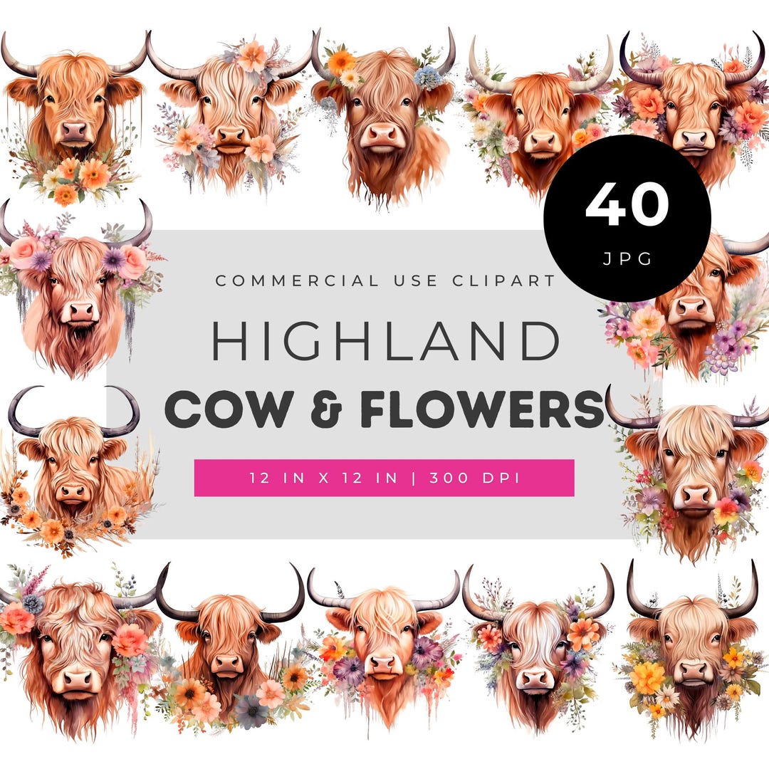 Highland Cow and Flowers Clipart Bundle, Rustic Watercolor Cow Head ...