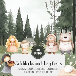 Goldilocks and the three Bears Clipart - 30 PNG - Digital Planner, Junk Journaling, Wall Art, Commercial Use, Sublimation, Scrapbooking