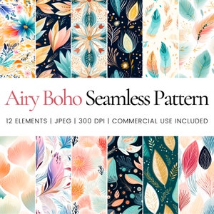Puede incluir: Un conjunto de 12 patrones digitales sin costuras con un estilo bohemio con diseños florales, de plumas y hojas en una variedad de colores, incluyendo azul verdoso, rosa, amarillo y dorado.  Airy Boho Seamless Pattern. 12 elementos | JPEG | 300 DPI | COMMERCIAL USE INCLUDED