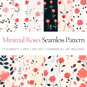 Puede incluir: Doce patrones sin costuras con rosas rojas minimalistas sobre varios fondos, incluyendo blanco, negro, crema y rosa. Los patrones son perfectos para proyectos digitales e impresos.