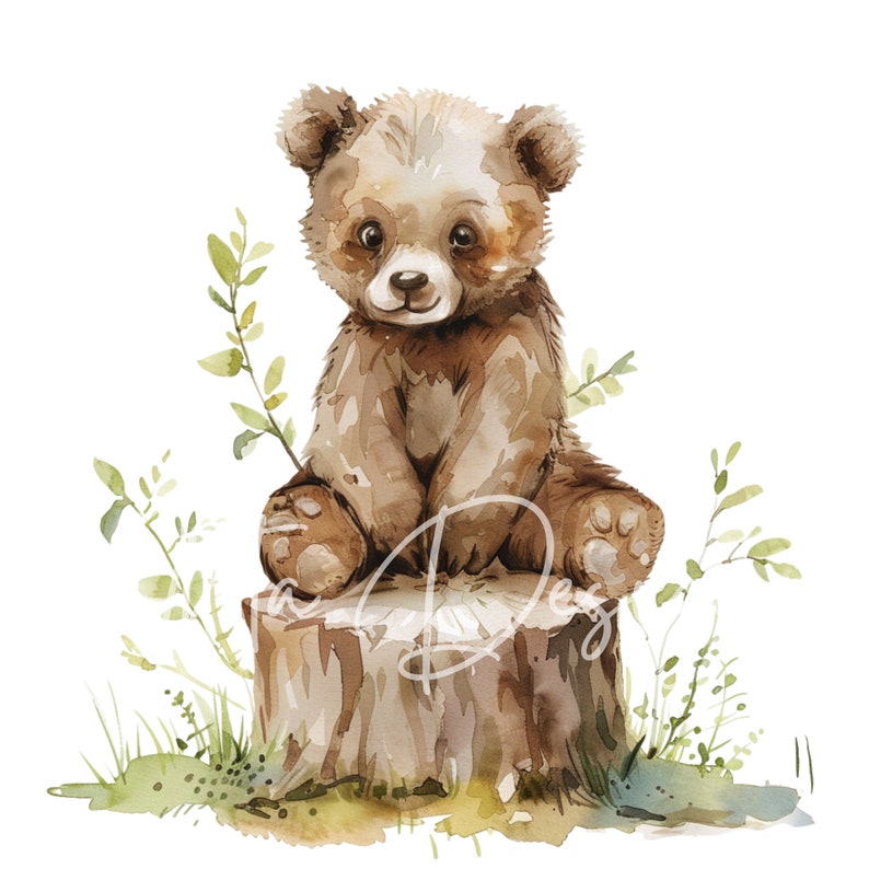 Woodland Bear Clipart PNG Bundle, Cute Teddy Bear on Tree Stump ...