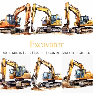 Excavator Clipart - 40 High Quality JPGs - Digital Planner, Junk Journaling, Watercolor, Commercial Use, Digital Download, Mugs, Apparel