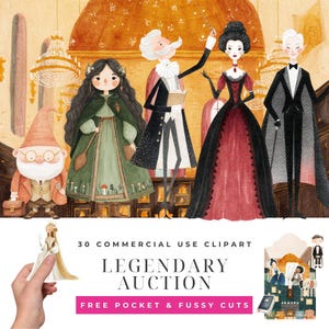 Artifact Auction House Clipart Bundle, Watercolor Magical Bidder Illustrations, Witch Elf Collector PNG, Enchanted Fantasy Designs Download