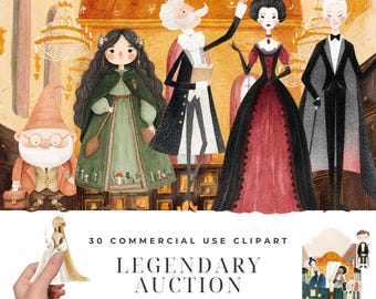 Artifact Auction House Clipart Bundle, Watercolor Magical Bidder Illustrations, Witch Elf Collector PNG, Enchanted Fantasy Designs Download