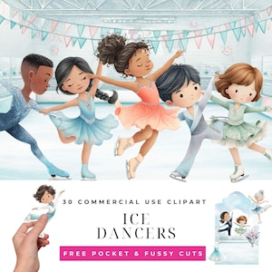 May include: Illustration of five cartoon ice skaters in colorful outfits, performing on an ice rink. The image includes the text "ICE DANCERS" and "30 COMMERCIAL USE CLIPART". The skaters are wearing ice skates and are in various poses.