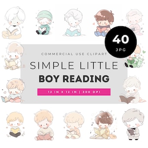 Simple little boy reading watercolor clipart bundle, cute child book lover art jpg set, minimal storytime design for nursery prints & decor